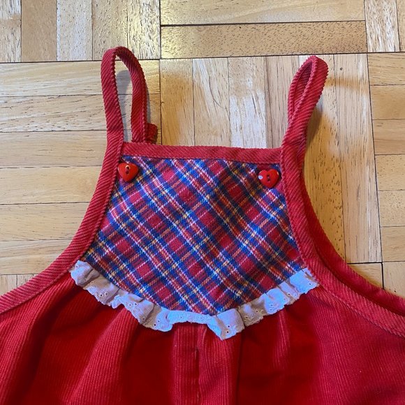 Vintage 80s Toddler Orange/Red and Plaid corduroy romper, Kids Onesie Jumper - Picture 2 of 7
